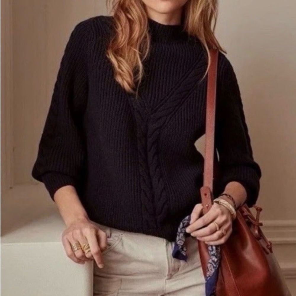 NEW Sézane Zack Wool Blend Cable Knit Mockneck Women's Sweater NAVY SMALL